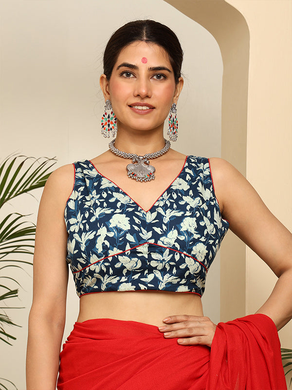 Blue and White Floral Printed Sleeveless V Neck Crop Blouse