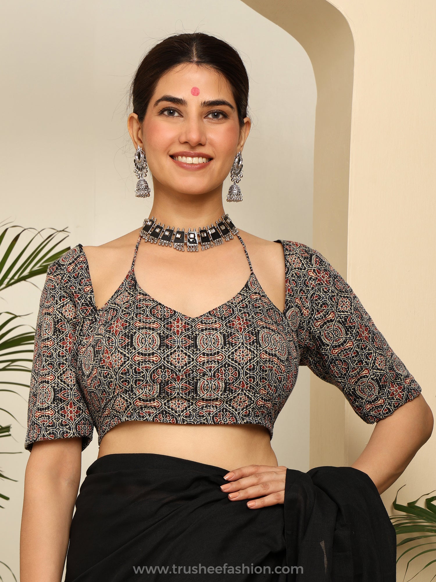 Elegant Printed Cold Shoulder Crop Blouse