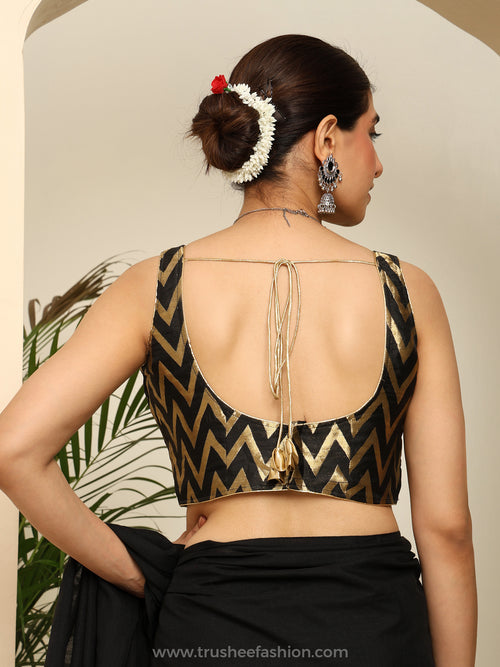 Black and Gold Chevron Printed Sleeveless V Neck Crop Blouse