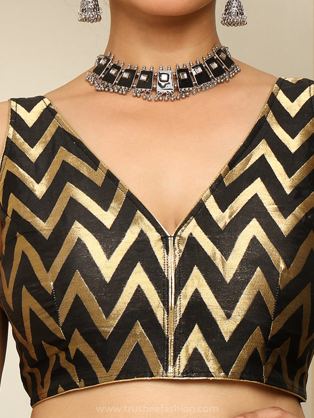 Black and Gold Chevron Printed Sleeveless V Neck Crop Blouse