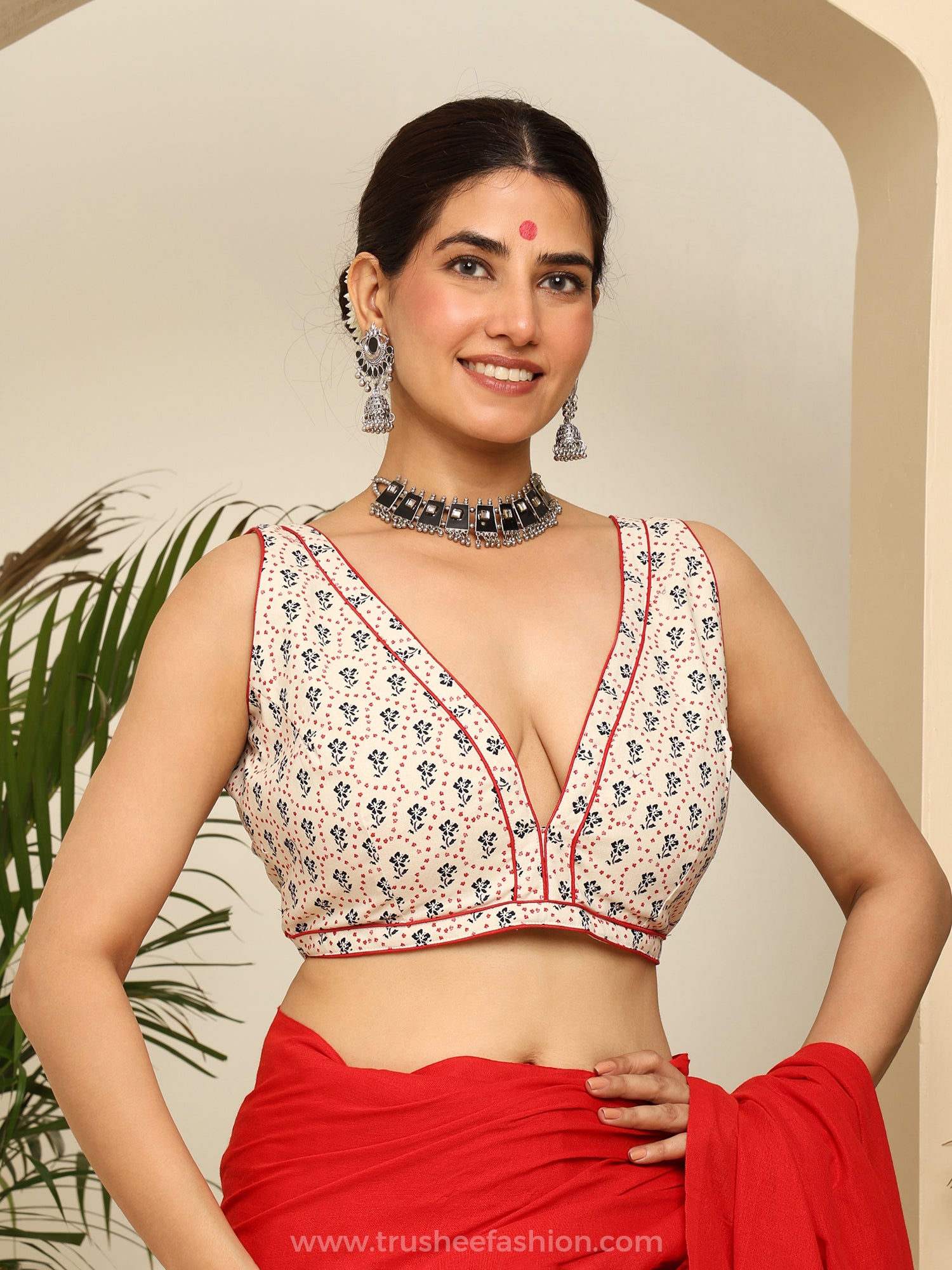 Sleeveless Printed Blue Flower with dots V-Neck Blouse