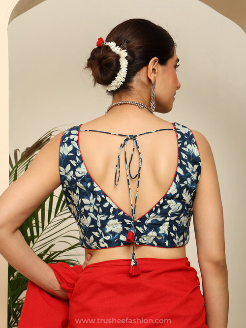 Blue and White Floral Printed Sleeveless V Neck Crop Blouse