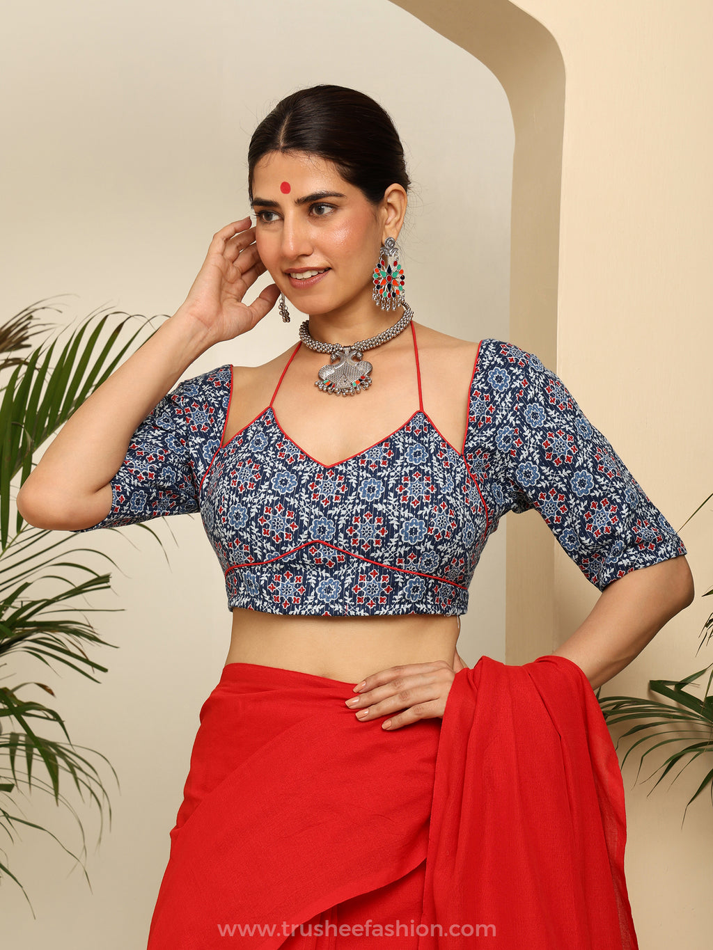 Blue Floral Printed Cold Shoulder Crop Blouse