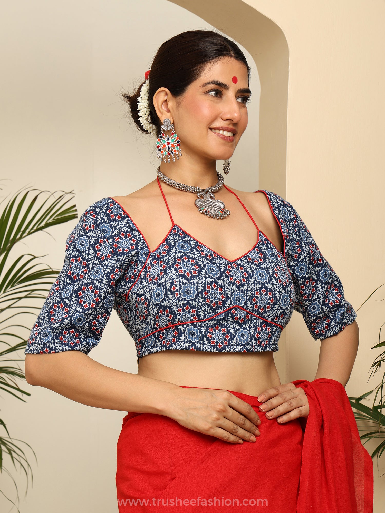 Blue Floral Printed Cold Shoulder Crop Blouse