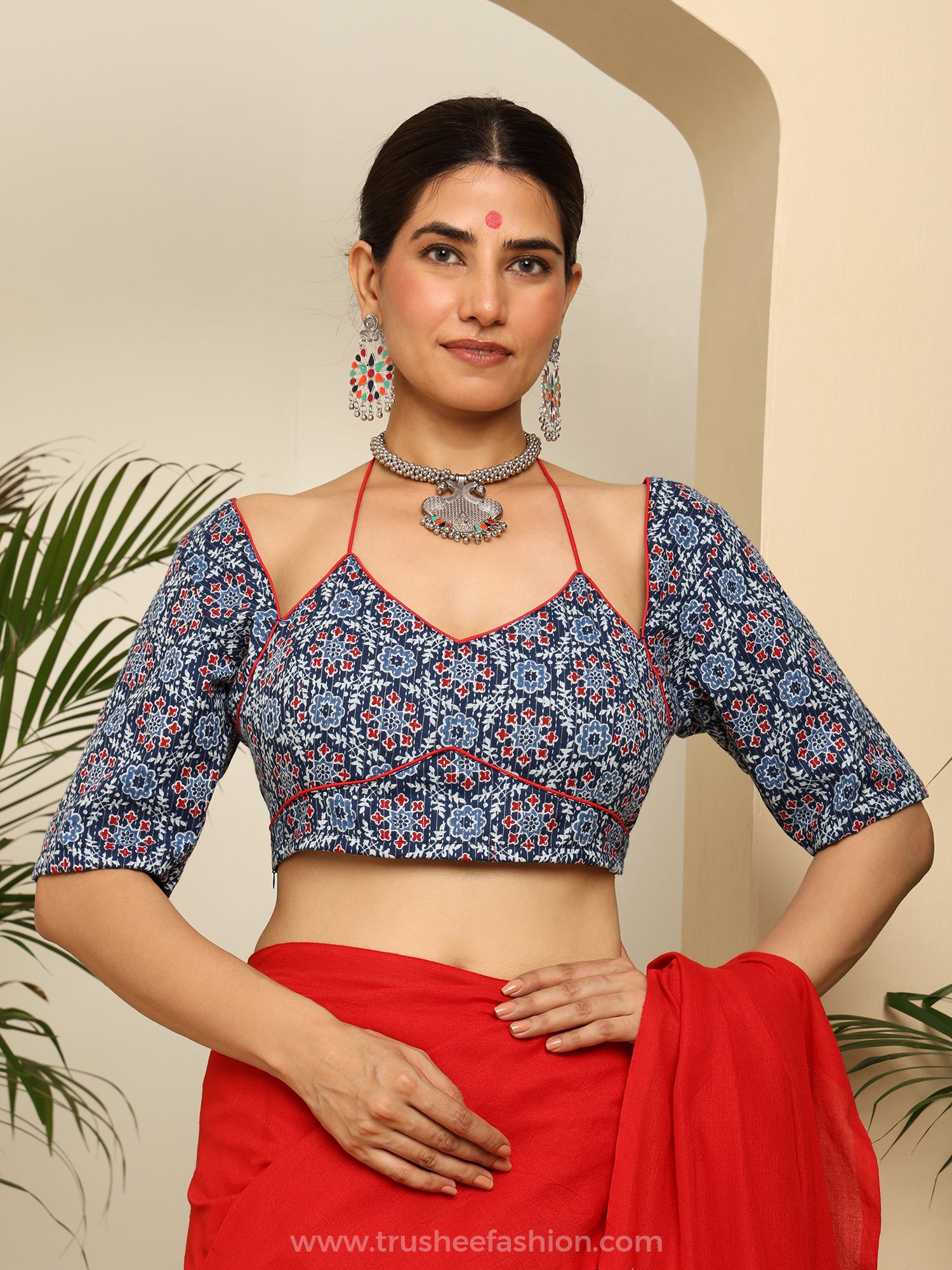 Blue Floral Printed Cold Shoulder Crop Blouse