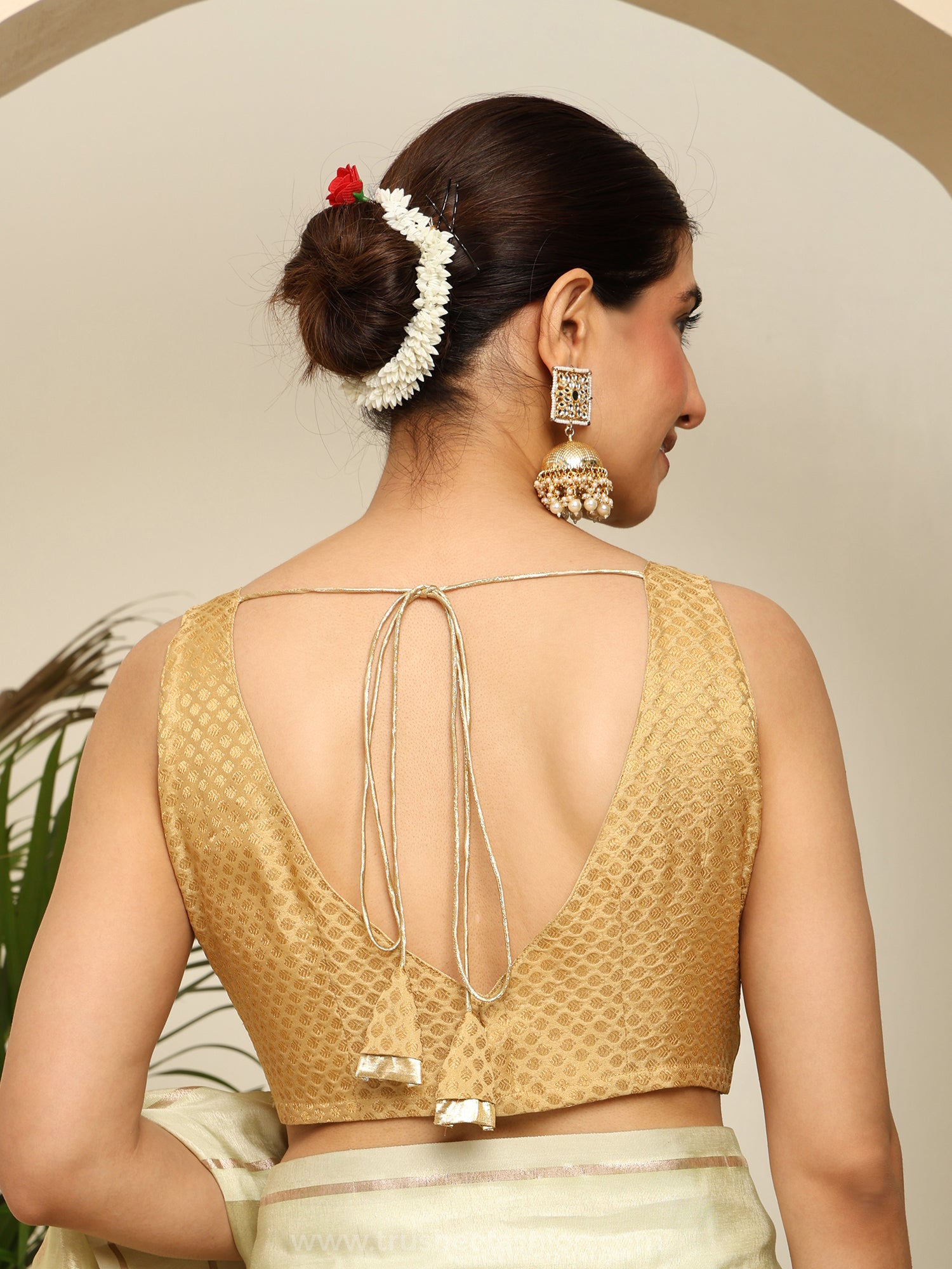 Golden Textured Sleeveless V Neck Crop Blouse