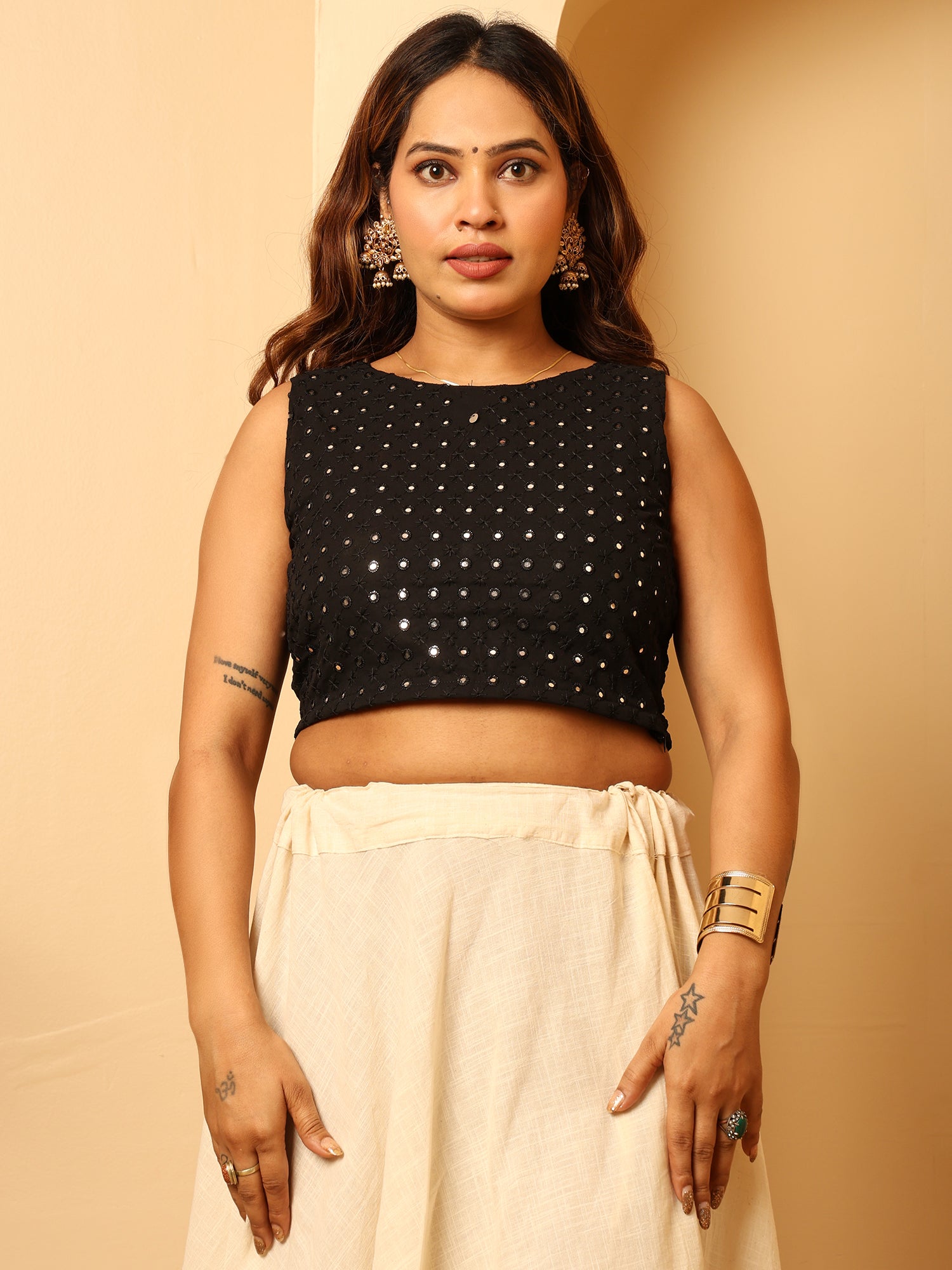 Black Mirror Work  Sleeveless Crop Blouse