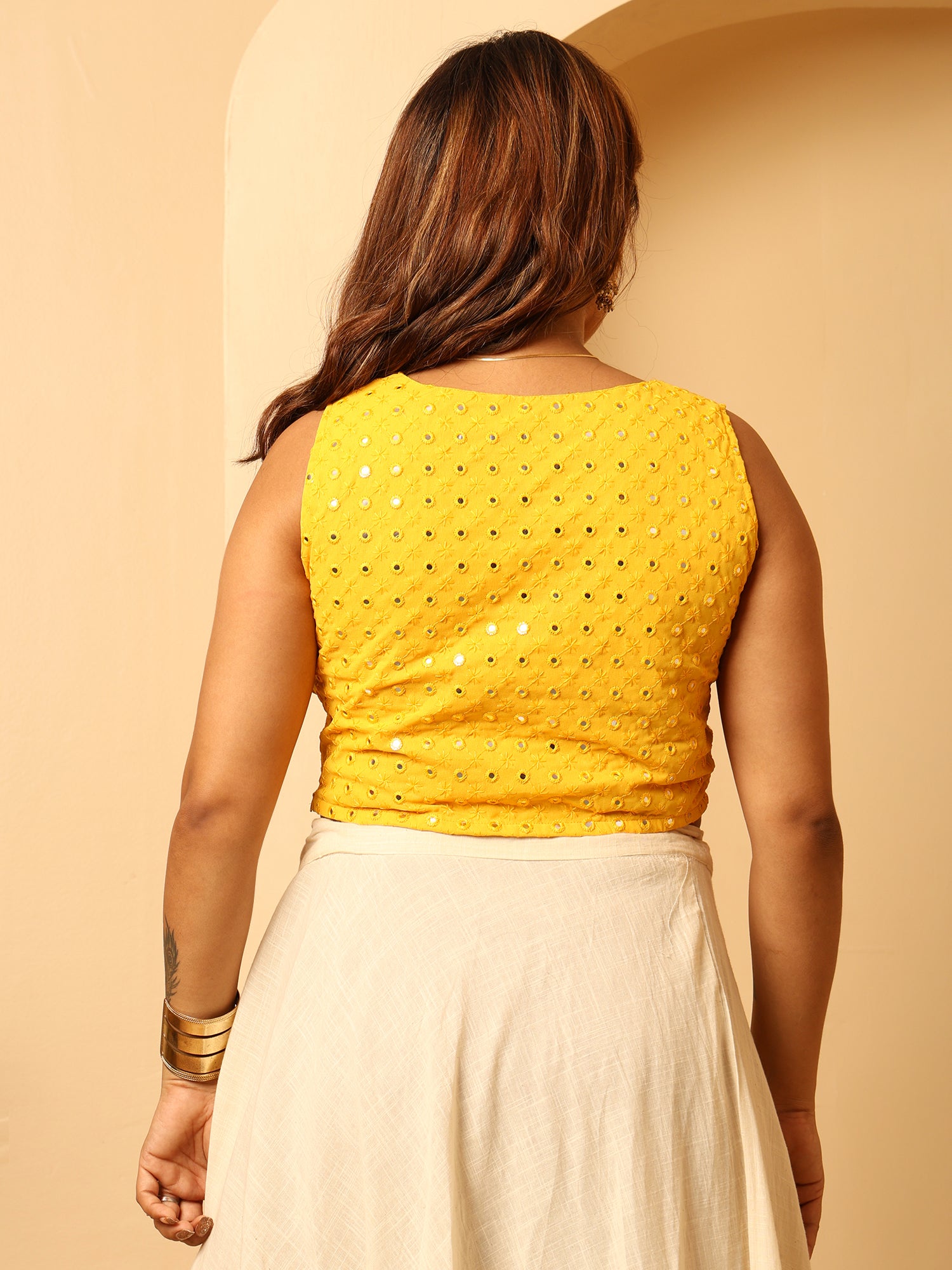 Mustard Yellow Mirror Work Blouse Sleeveless Crop Blouse