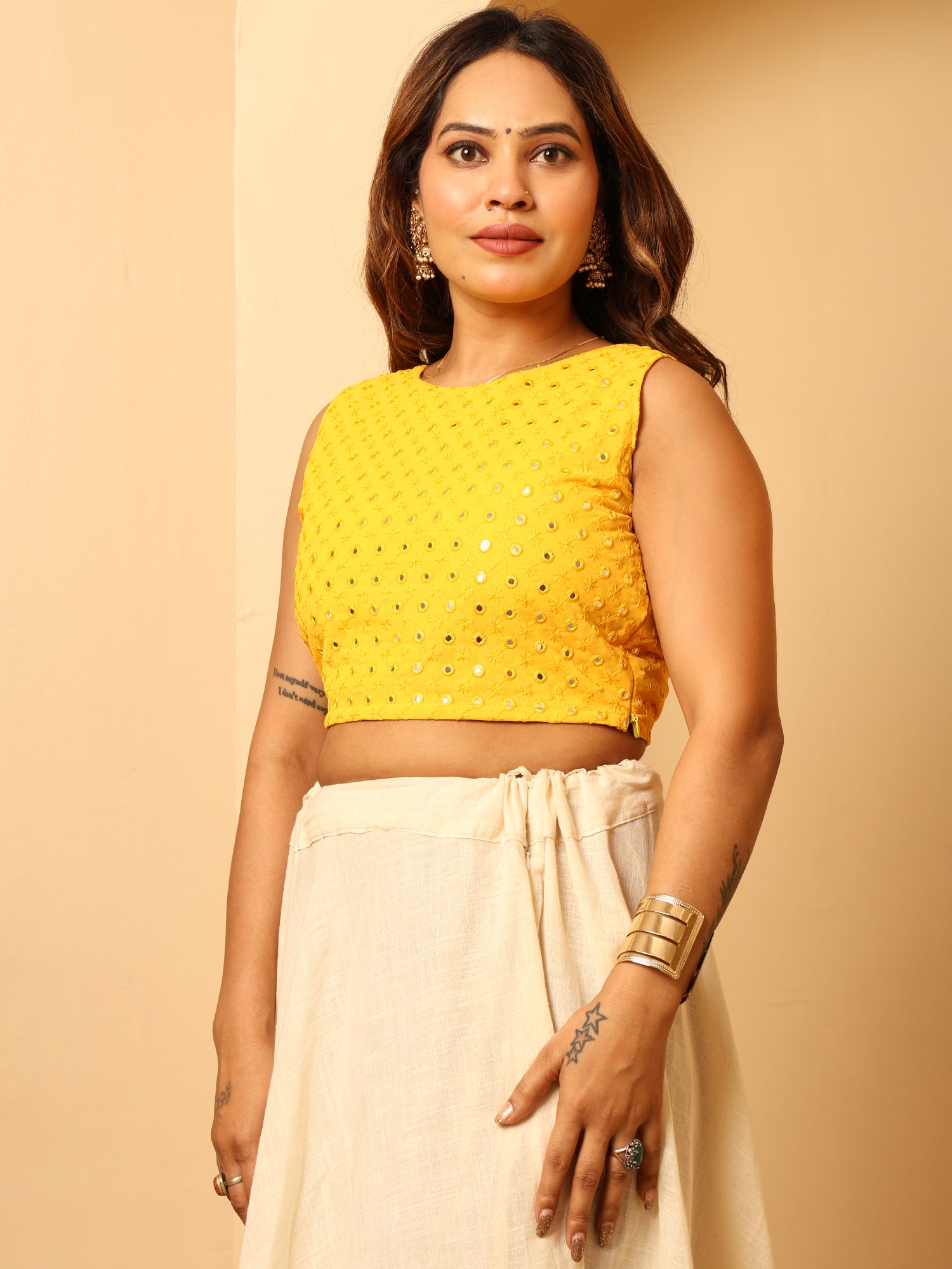 Mustard Yellow Mirror Work Blouse Sleeveless Crop Blouse