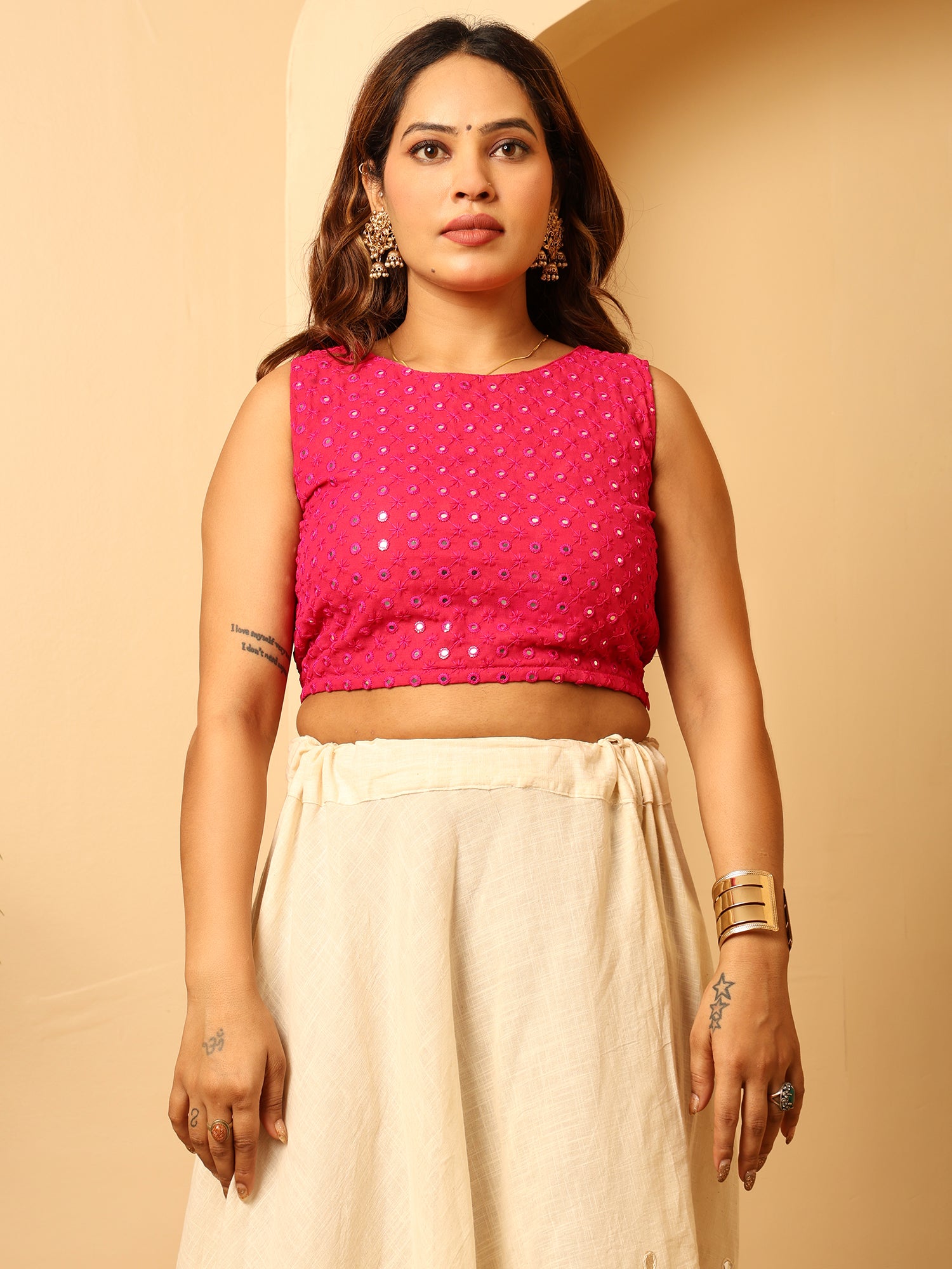 Bright Pink Sleeveless Mirror Work Crop Blouse