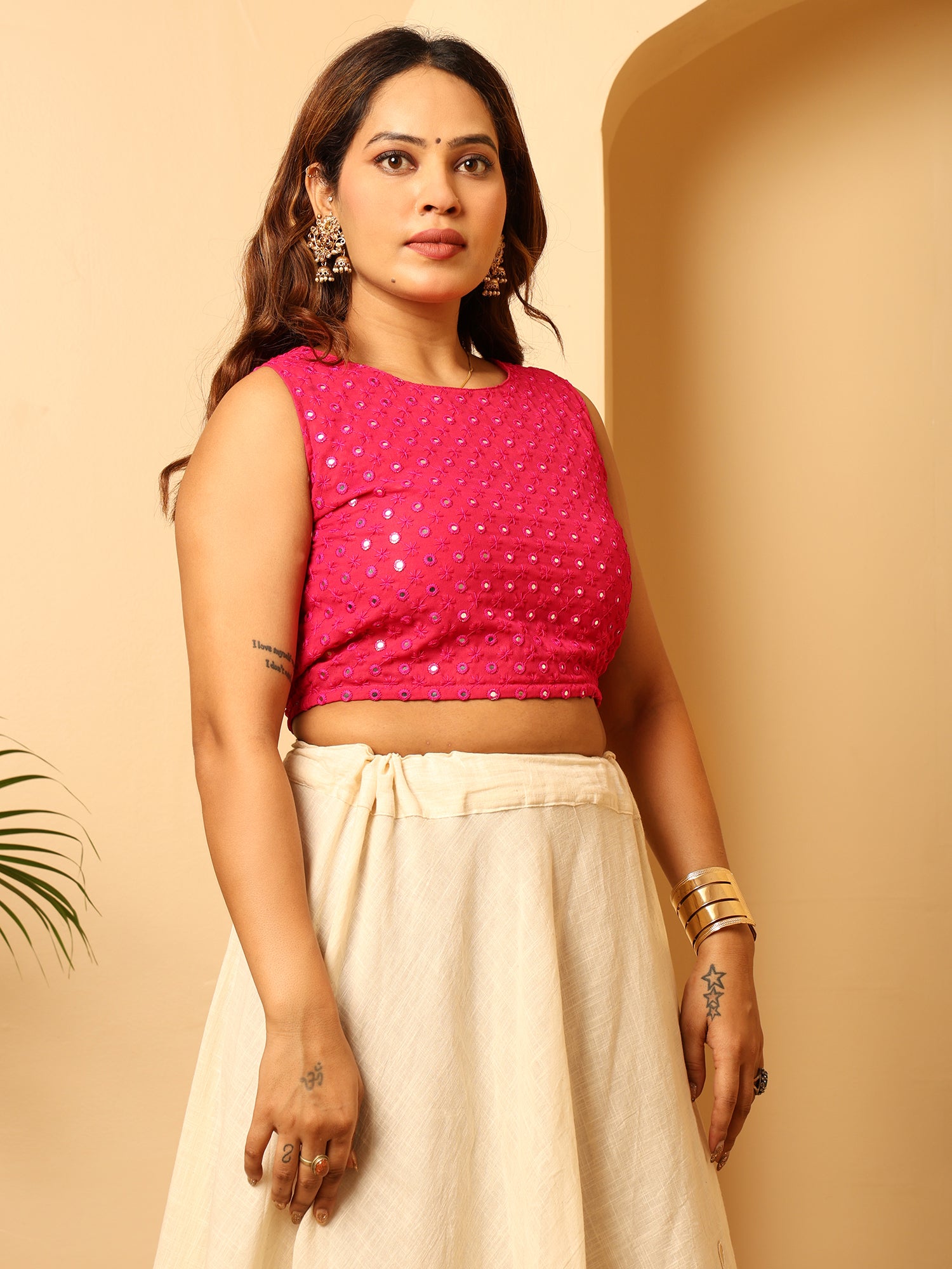 Bright Pink Sleeveless Mirror Work Crop Blouse