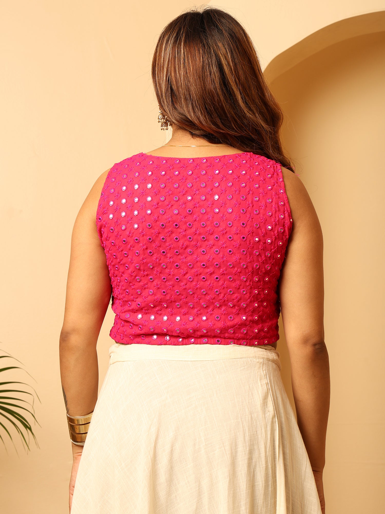 Bright Pink Sleeveless Mirror Work Crop Blouse