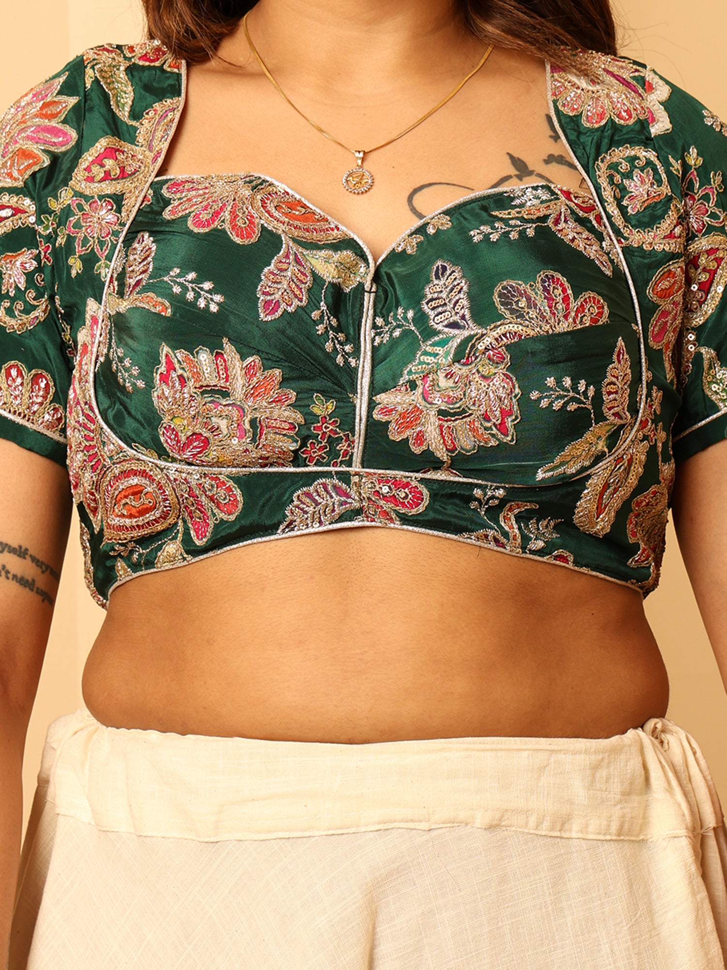 Embroidered Pink Flower sweatheart  Neck Ethnic Blouse