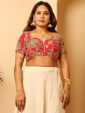 Embroidered Green & Yellow Flower Sweetheart Neck Pink Crop Blouse