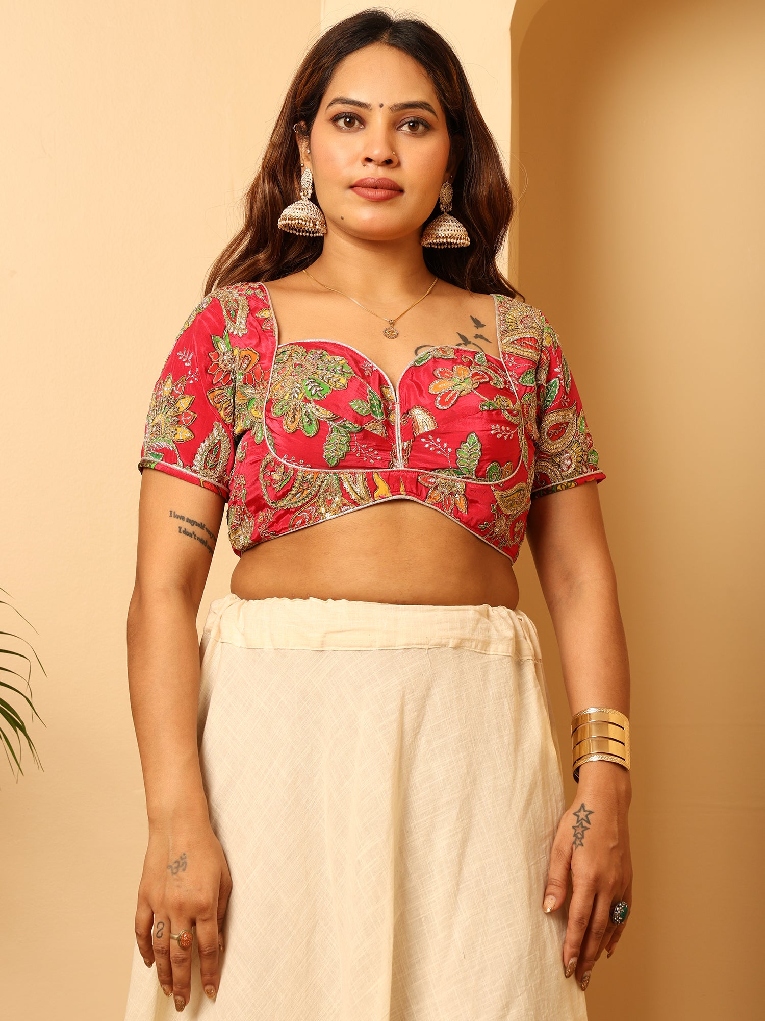 Embroidered Green & Yellow Flower Sweetheart Neck Pink Crop Blouse