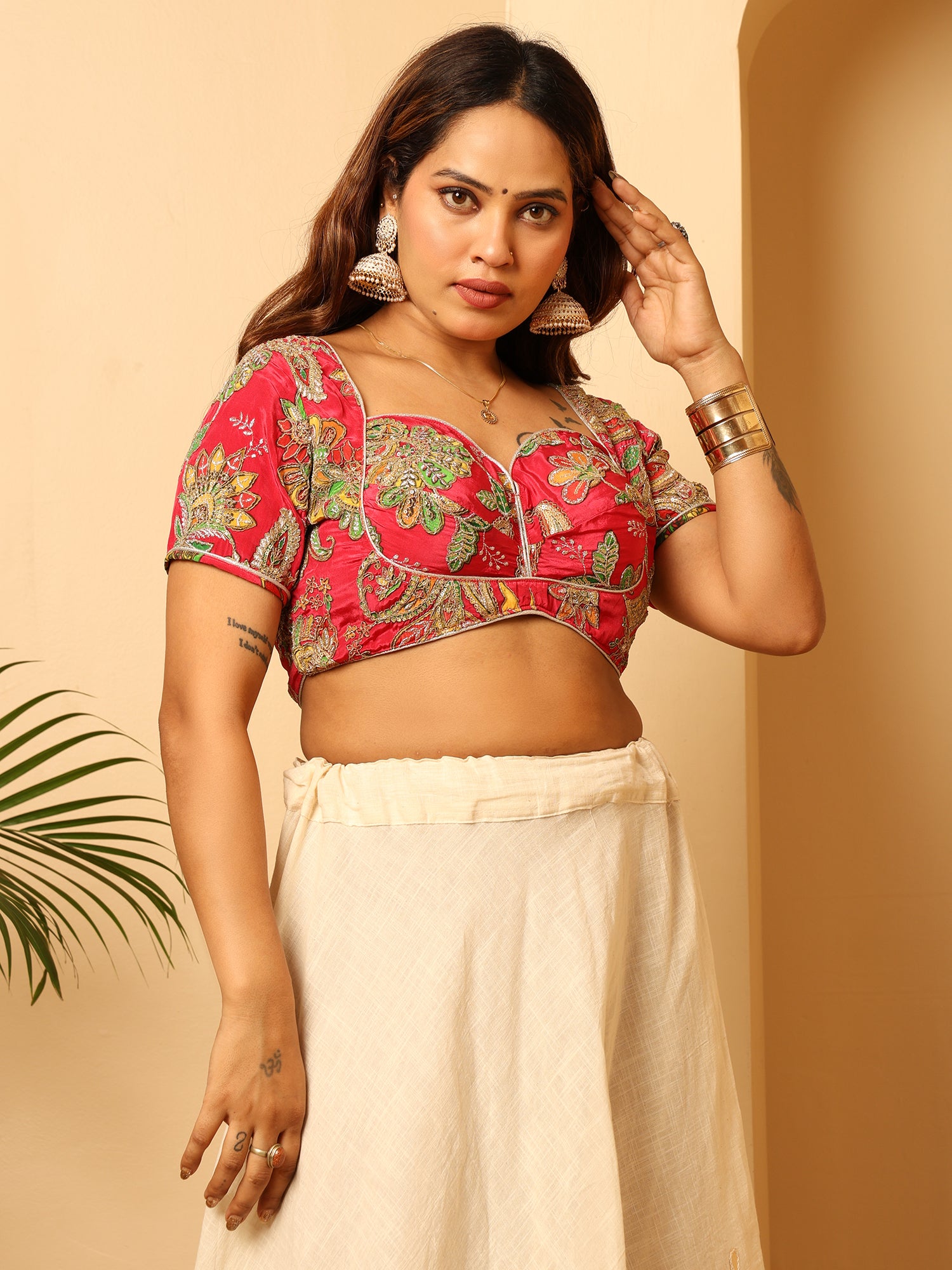 Embroidered Green & Yellow Flower Sweetheart Neck Pink Crop Blouse