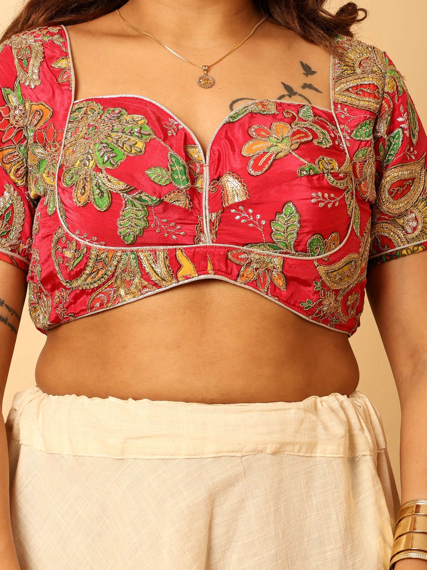 Embroidered Green & Yellow Flower Sweetheart Neck Pink Crop Blouse